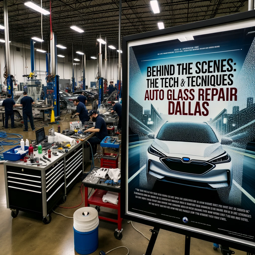 Workers at an Auto Glass Repair Dallas workshop with a promotional banner.