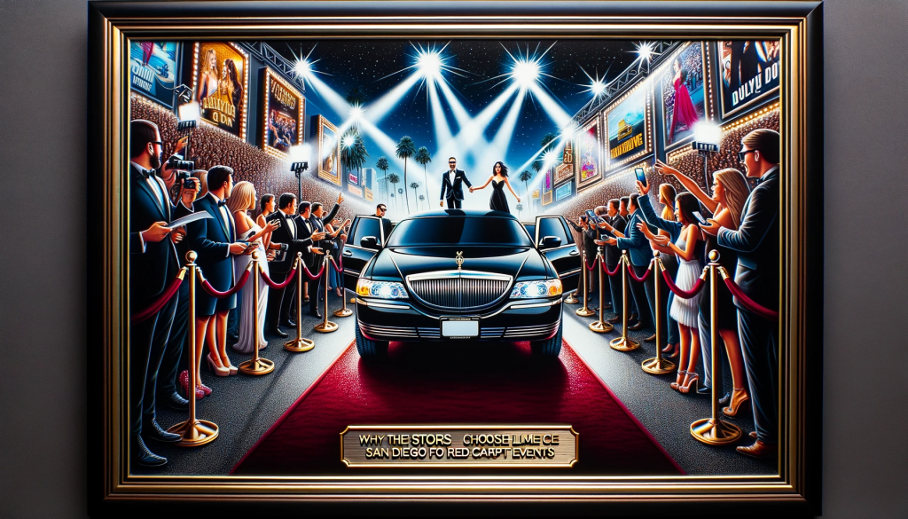 Celebrities elegantly dressed, exiting a black limousine at a San Diego red carpet event with photographers and fans in the backdrop. Text reads: "Why the Stars Choose Limo Service San Diego for Red Carpet Events