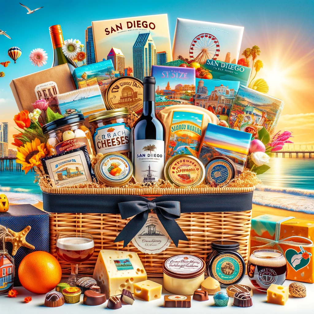 A vibrant and colorful San Diego gift basket, brimming with local artisanal delights. It includes gourmet chocolates, craft cheeses, local wines, and beach-themed items, all set against a backdrop of iconic San Diego landmarks like the beach, palm trees, and a sunny skyline.