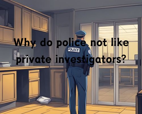Police avoid eye contact with a private investigator at a crime scene. The investigator stands alone, scrutinizing evidence with a keen eye