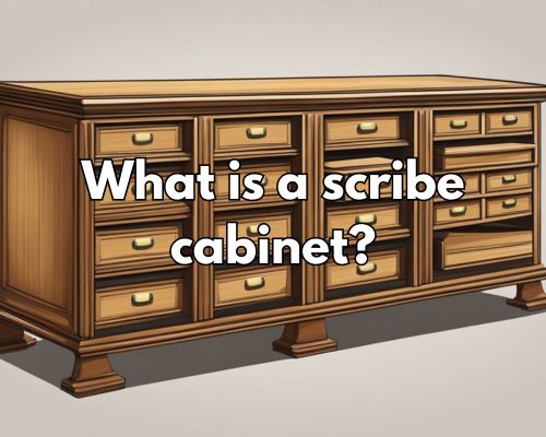 A scribe cabinet is a tall, wooden furniture with multiple shelves and drawers, often used for storing writing materials and documents