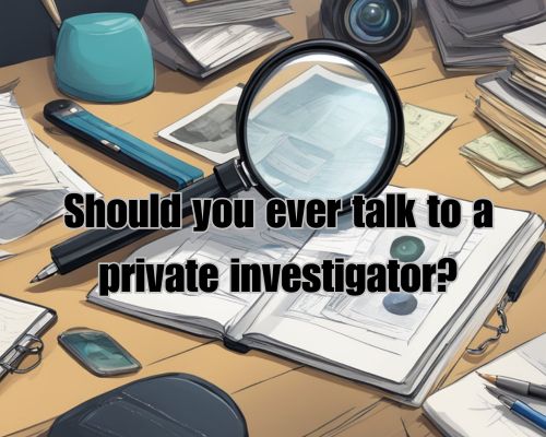 A magnifying glass hovers over a desk cluttered with surveillance photos, case files, and a notepad with scribbled notes