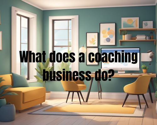 A coaching business conducts virtual sessions in a cozy home office, with a desk, computer, and comfortable seating. The space is bright and inviting, with motivational quotes on the walls